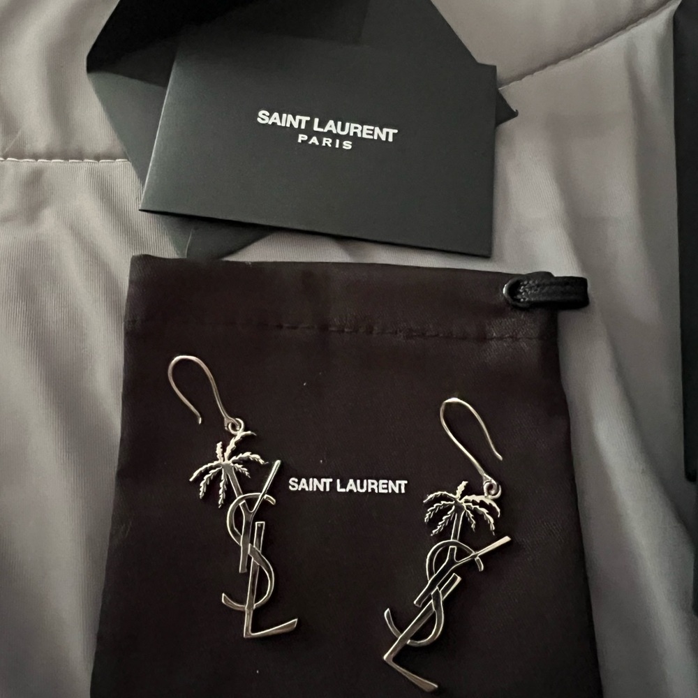 Authentic Yves Saint Laurent Silver Palm Tree Drop Earrings